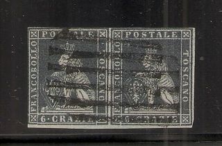 1851 Italy Tuscany Sa 7,  6cr Lion In Pair,  Grey Paper,  Cv $2050.  00