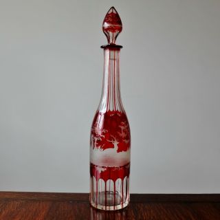Antique Bohemian Glass Decanter Victorian Ruby Flash Cut Wine Claret Decanter