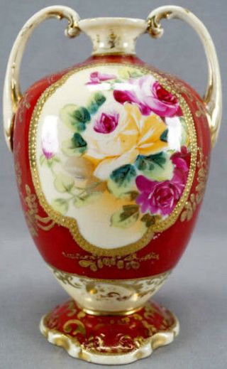 Nippon Hand Painted Pink Yellow Rose Red & Gold Floral Moriage Vase 1891 - 1921