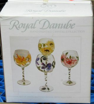 Set Of 4 Royal Danube Crystal Wine Glasses,  Hand - Painted,  Mouth - Blown,  Balloon
