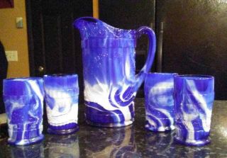 L.  G.  Wright Glass " God And Home " Blue Slag Pitcher & 4 Tumblers