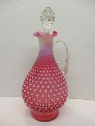 Vintage Fenton Cranberry Opalescent Hobnail Pitcher W Clear Handle And Stopper