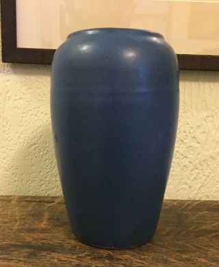 Arts & Crafts Mission Style Brush Mccoy Pottery Tall Matte Blue Vase 8 "