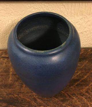 Arts & Crafts Mission Style Brush McCoy Pottery Tall Matte Blue Vase 8 