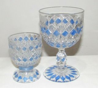 Eapg King & Son Blue Finecut & Block Goblet & Footed Tumbler