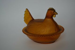 Vintage Indiana Glass Amber Hen On Nest,  Chicken In A Basket,  Bowl,  Candy Dish