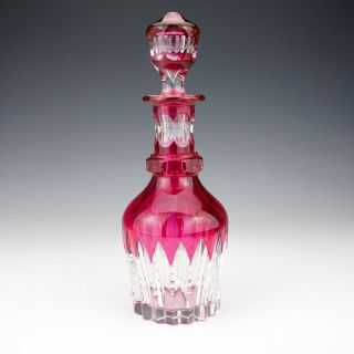 Antique Bohemian Glass - Cranberry Overlay Cut Glass Decanter -