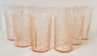 6 Federal Glass Sharon Cabbage Rose Pink Depression Iced Tea Thin Tumblers Euc