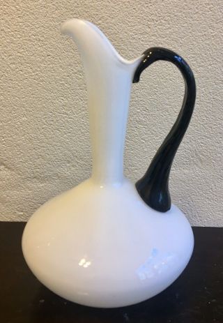 Vintage Empoli Hand Blown Glass Pitcher - White With Black Glass - 10.  5” Tall