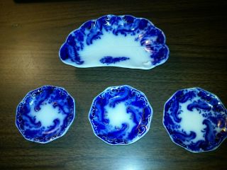 Grindley Argyle Flow Blue Three (3) Butter Pats & A Bone Dish Gold Accents