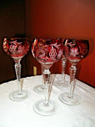 German Echt Bleikristall Bohemian Wine Hock Glasses (2) Cranberry Cut To Clear