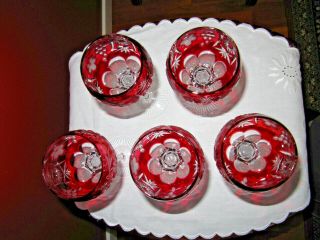 German Echt Bleikristall Bohemian Wine Hock Glasses (2) Cranberry Cut to Clear 2