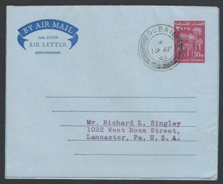 Trucial States 30np Air Letter Dubai 1961 To Usa