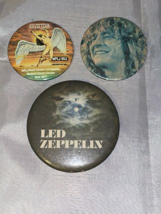 Three Vintage Led Zeppelin Pin Back Buttons Including 1977 Madison Square Garden