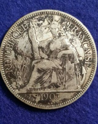 1907 - A French Indo - China 1 Piastre Silver Trade Dollar France Paris Crown