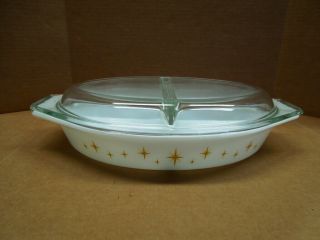 Pyrex 1959 Constellation Yellow Atomic Starburst Oval Divided 1.  5 Qt Dish W Lid