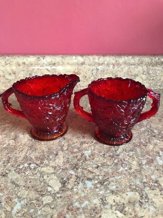 Westmoreland Glass Bramble Maple Leaf Ruby Red Cup Amberina Base Creamer Sugar