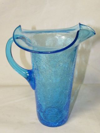 Rainbow Art Glass Crackle Pitcher,  Mid - Century Modern Blue,  Pontil Base Vintage