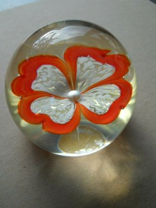 Vintage Quality Art Glass - Murano Orange & White Flower Paperweight 3.  0” 329