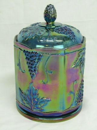 Indiana Blue Grape Harvest Carnival Glass Cookie Jar Canister Iridescent W/lid