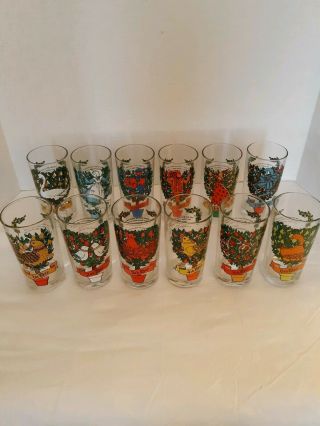 Vintage Indiana Glass Twelve 12 Days Of Christmas Holiday Beverage Glasses 12 Oz