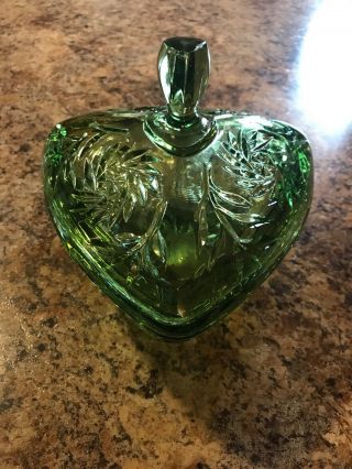 Vintage Green Glass Candy Dish With Lid Triangle Shape