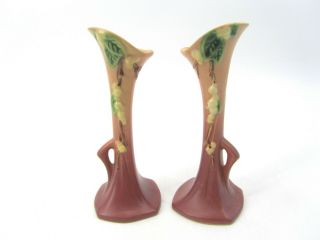 Pair Vintage Roseville Pottery 7.  5 " Bud Vases Snow Berry Pink Ibv - 7