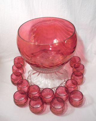 Vintage West Virginia Glass Cranberry Flash Punch Bowl,  15 Cups Rose Loop Optic
