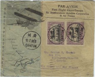 China 1936 Illustrated Airmail Cover Canton To Canada Via Hanoi And Air France