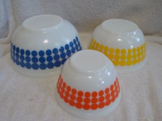 3 Pc Set Vintage Pyrex Polka Dot Mixing Bowls Orange Yellow Blue 401 402 403