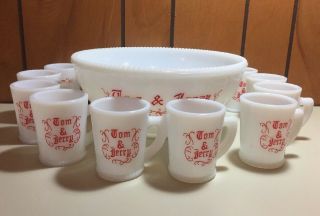 Vintage Mid Century Mckee Red White Tom Jerry Milk Glass Punch Bowl Set 11pc