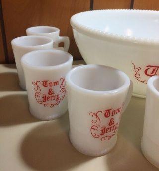 Vintage Mid Century McKee Red White Tom Jerry Milk Glass Punch Bowl Set 11pc 3