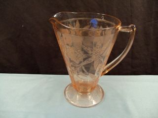 Jeannette Floral Poinsettia Pink Depression Glass Pitcher - 7 3/4 " Tall Exc