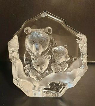 Grizzly Bear And Two Cubs Signed Etched Crystal Sculpture By Mats Jonasson