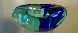 Vintage Murano Glass Thick Globular Bowl Blue Stripe