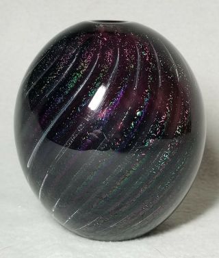 Robert Eickholt Iridescent Dicroic Swirl Art Glass Paperweight Style Vase 1989