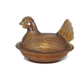 Vintage Indiana Glass Amber Hen On Nest Chicken Candy Butter Dish 7 " X 5 "
