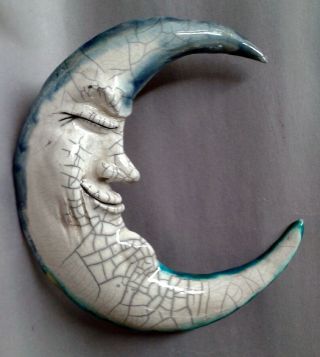 Crescent Man In The Moon Wall Hanging - Handmade And Raku Fired Studio Pottery