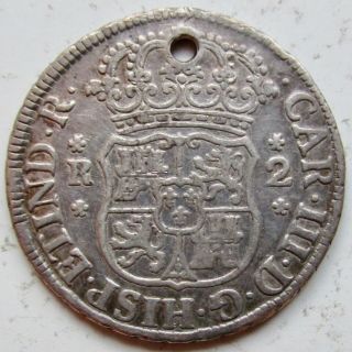 Bolivia Spanish Colonial 1768 - Pts - Jr 2 Reales Potosi Charles Iii Holed
