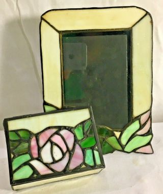Stained Slag Glass Trinket Box And Picture Photo Frame Pink Rose Vintage 2 Piece