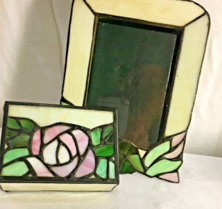 Stained Slag Glass Trinket Box And Picture Photo Frame Pink Rose Vintage 2 piece 2