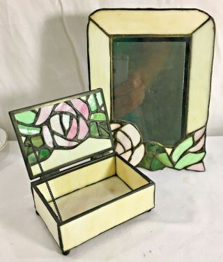 Stained Slag Glass Trinket Box And Picture Photo Frame Pink Rose Vintage 2 piece 3