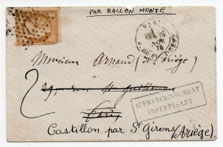 1870 France Ballon Monte Cover To Saint - Girons,  Redirected,  Scarce