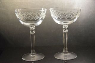 Set Of Vintage Crystal Champagne Coupes With Etche Leaves And Decorative Stem