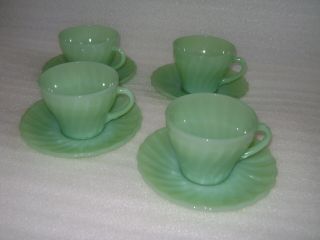 Vintage Anchor Hocking Fire King Jadeite Swirl Shell Glass Cup & Saucer Set Of 4