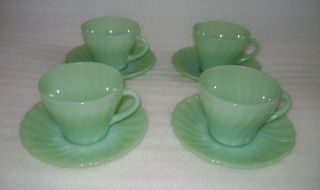 Vintage Anchor Hocking Fire King Jadeite Swirl Shell Glass Cup & Saucer Set of 4 2