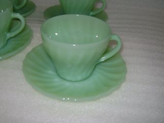 Vintage Anchor Hocking Fire King Jadeite Swirl Shell Glass Cup & Saucer Set of 4 3