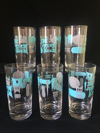 Vintage Mid Century Modern Atomic Age Drinking Glasses Set Of 6 Blue And Gray