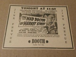 1942 The Mad Doctor Of Market Street Movie Newspaper Ad Lionel Atwill