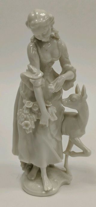 Hutschenreuther Porcelain Figurine Woman With Flowers Standing With Deer 7.  5 "